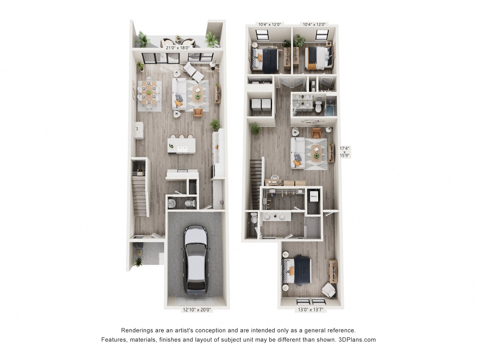 Floor plan for 3 beds, 2.5 baths, 2156 sqft